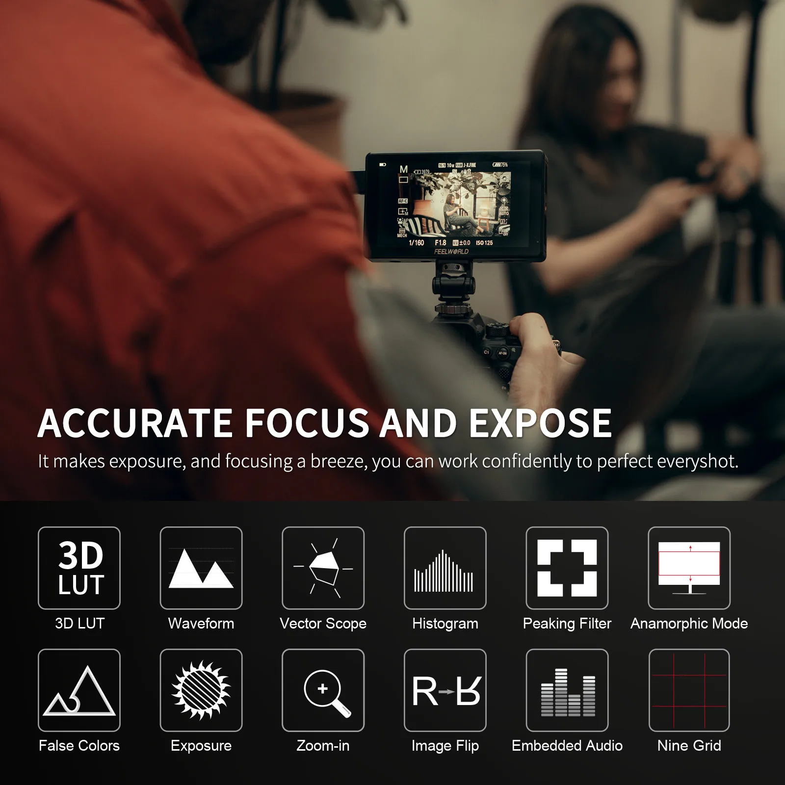 Фото FEELWORLD LUT5 5,5-дюймовый сенсорный монитор для DSLR-камер с яркостью 3000 нит, IPS, 1920x1080, вход/выход HDMI 4K, выход DC №2
