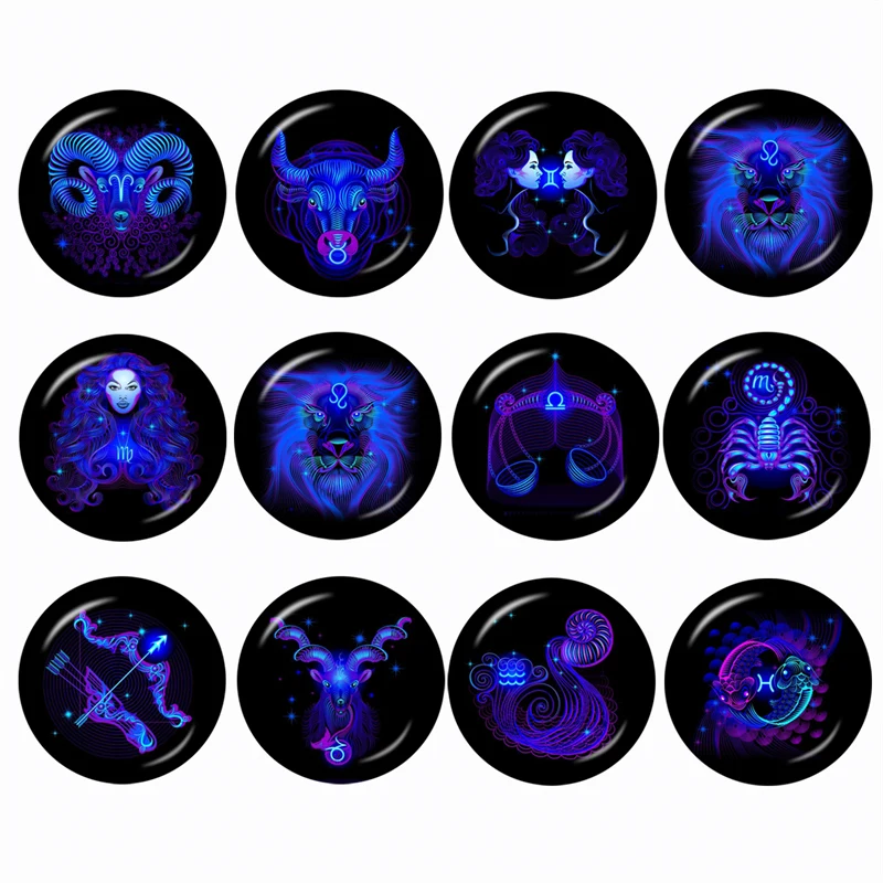 

12 Horoscope Zodiac Sign 12pcs 12mm/16mm/18mm/20mm/25mm/30mm Round Photo Glass Cabochon Demo Flat Back Making