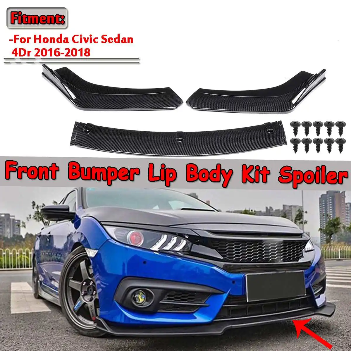 

3piece Carbon Fiber Look/Black Car Front Lower Bumper Lip Diffuser Spoiler Body Kit For Honda For Civic Sedan 4Dr 2016 2017 2018