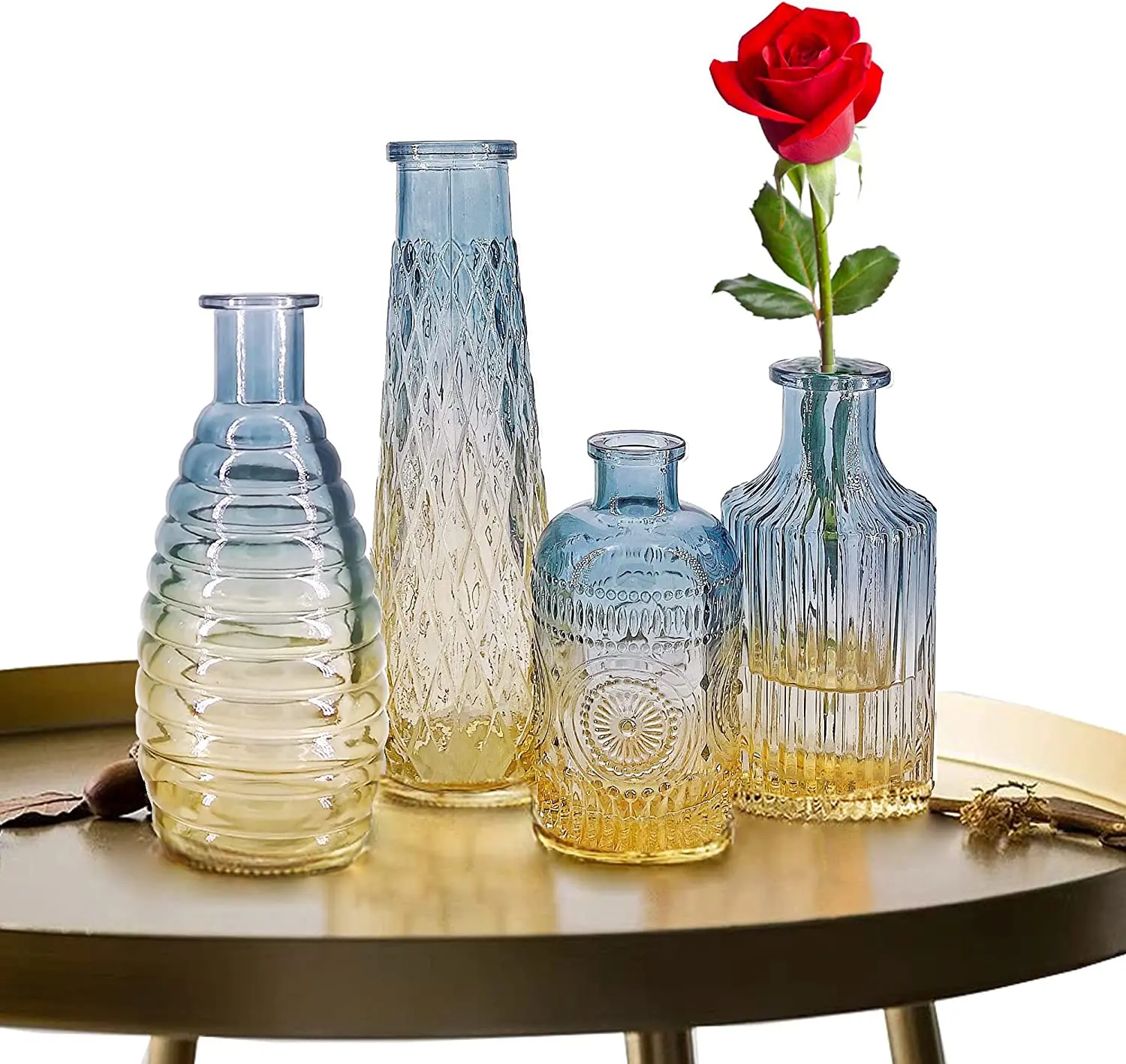 

Glass Vase Set of 4, Small Rustic Vintage Flower Bottle Vases Embossed Design Centerpiece Decor for Home Wedding Receiption
