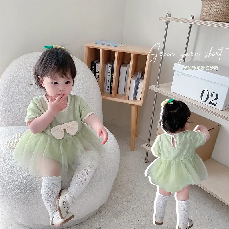 Baby Rompers Dress Green Color Summer Girl Infant Korean Mesh One-piece Suit Newborn Thin toddler christmas wear new born items