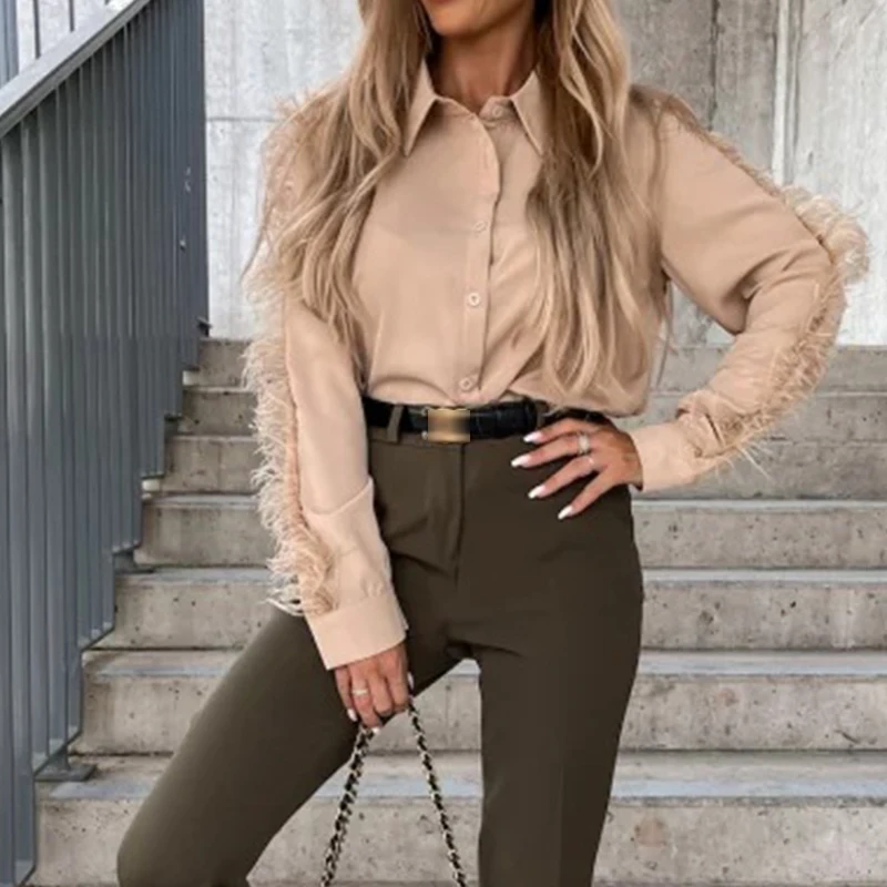 Осенняя Повседневная Лоскутная Блузка с перьями рубашки женские модные топы