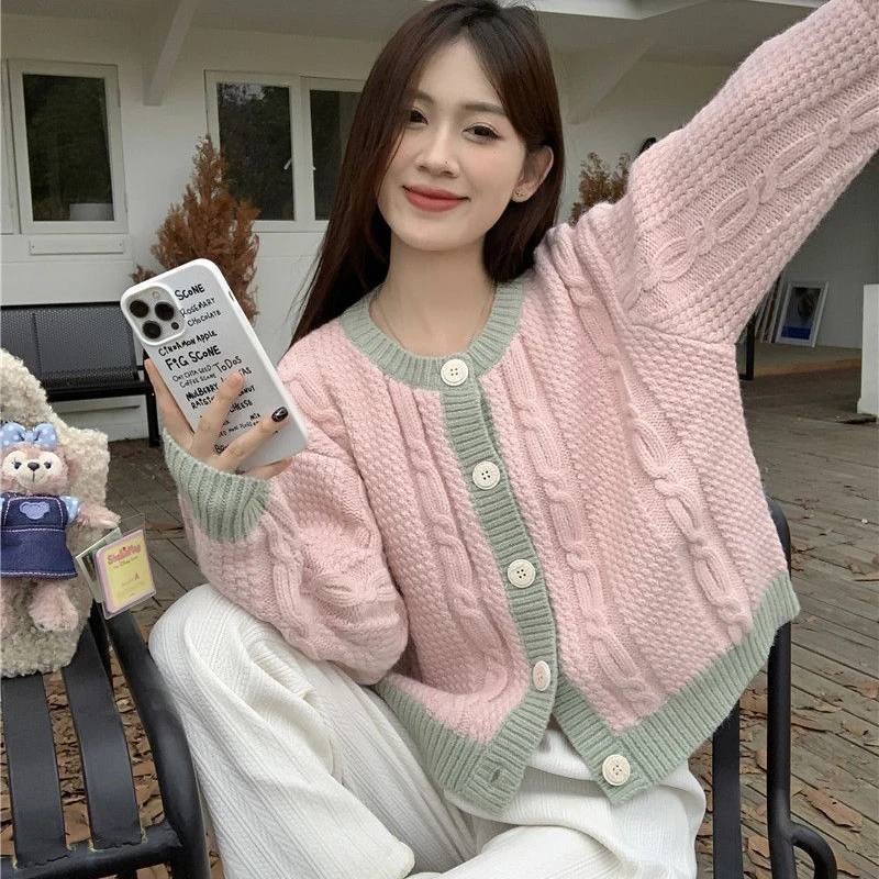 

Hdspq Sweet Pink Knitted Cardigans for Women 2023 Autumn Winter Long Sleeve Sweater Coats Woman Button Up Round Neck Knitwear