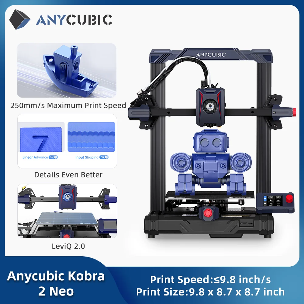 

Предустановленный ANYCUBIC Kobra 2 Neo Максимальная скорость печати 250 мм/с новый интегрированный экструдер LeviQ 2,0 автоматически выравнивающийся FDM 3D-принтер