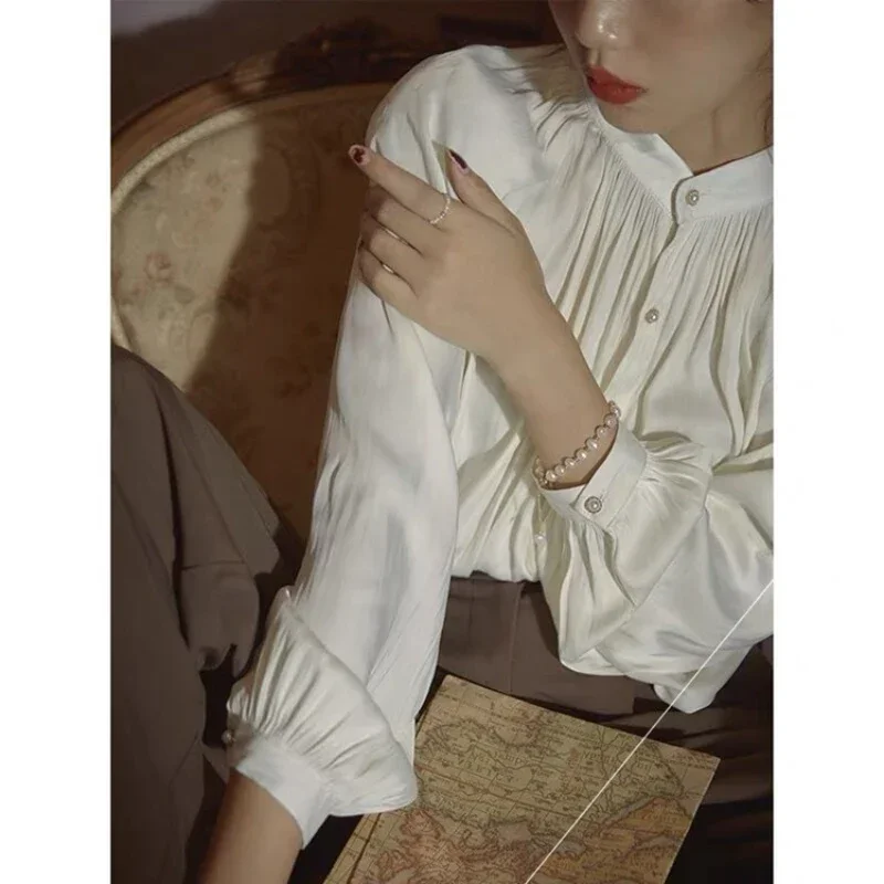 

Elegant and Youth Fashion Woman Blouse 2023 Vintage French Style Comfortable Commuting Stand Collar Lantern Long Sleeve Top