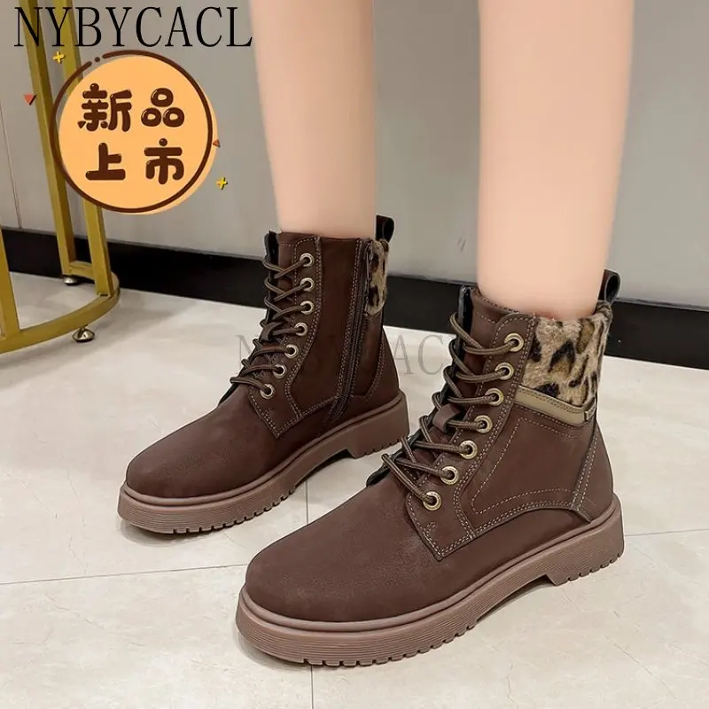 2023 New  Boots Women Suede Leather Women's Boots Mid-heel Flat Short Boots Winter Autumer Fashion Boots Leopard print border