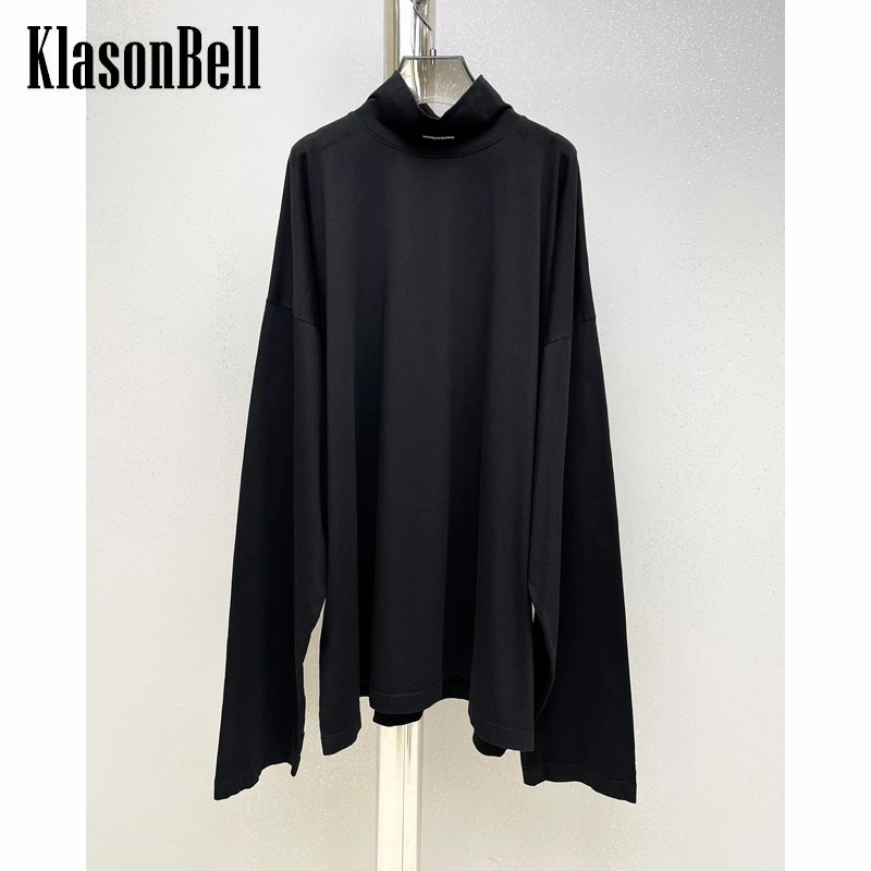 

12,1 KlasonBell черная футболка с воротником-стойкой и длинным рукавом с буквенным принтом свободная удобная женская футболка миди