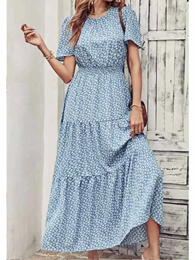 

Summer Long Dress Women Elastic Waist Short Sleeve Casual Beach Maxi Dress Dot Print Sundresses Vestidos Mujer