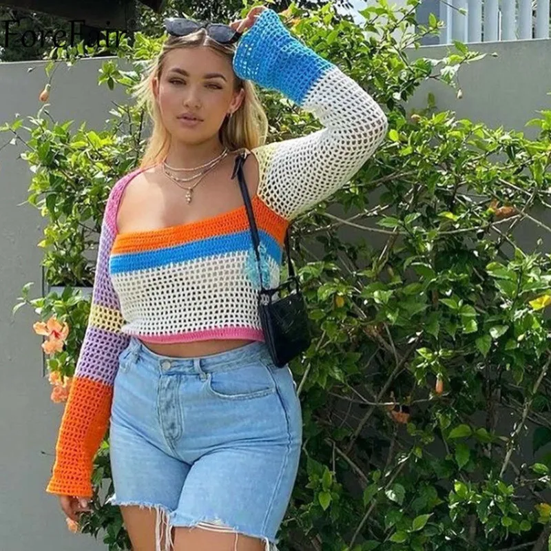 

2022 Spring/summer Women's Sexy Spice Top Square Collar Low-cut Color Striped Crop Long-sleeve Top