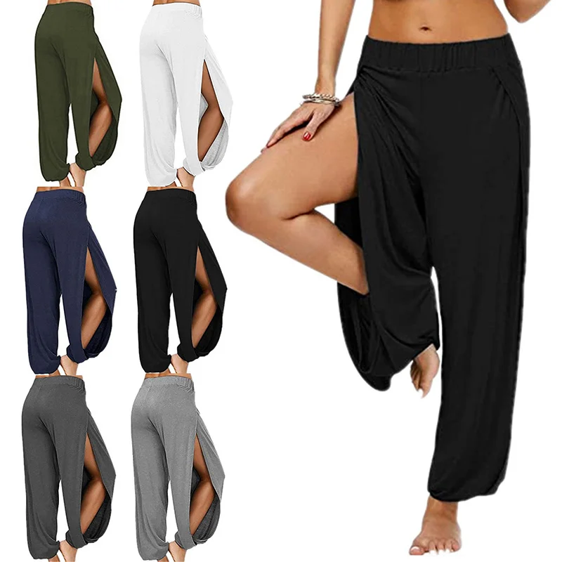 

Summer High Slit Harem Pants Sport Leggings Women Gym Clothing Casual Solid Hollow Elastic Waist Workout Wide Leg Pants Tro