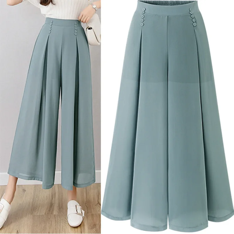 

Chiffon Culottes High-Waisted Trousers L Skirt Gauze Loose Shuai Ku Straight Casual Pants Slit Wide Leg Pants Female