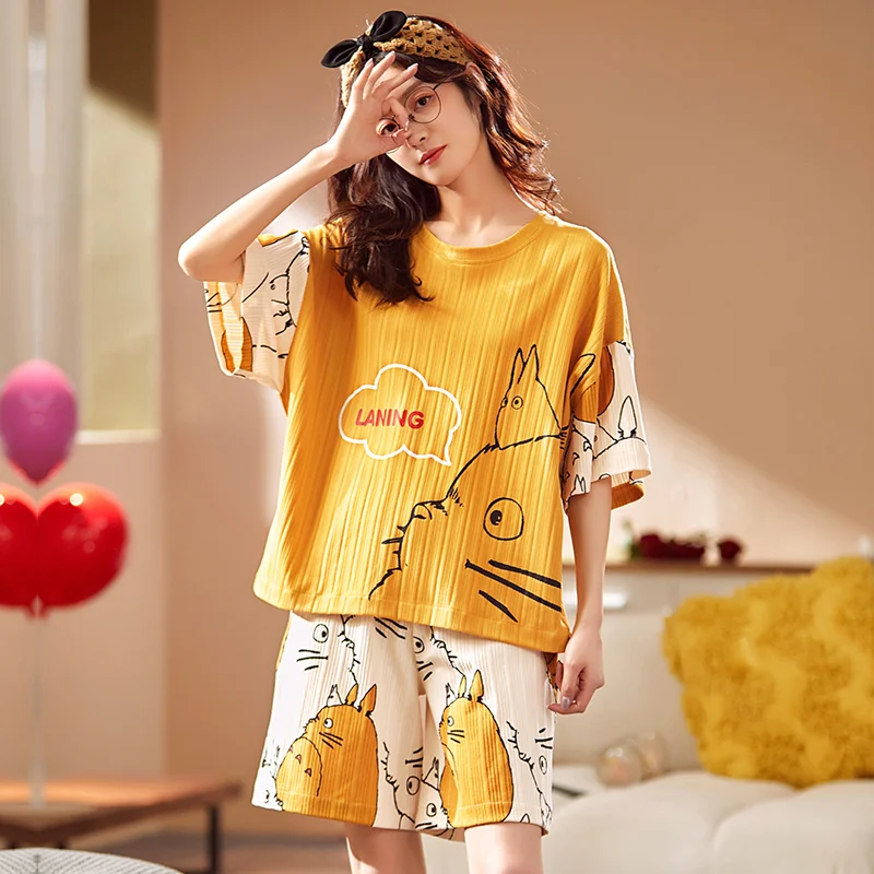 

Summer New Women Pyjamas Cartoon Pajamas Sets Sleepwear Casual Nightwear Pijama Mujer Shorts Short Sleeve M-2XL Home Clothes Set