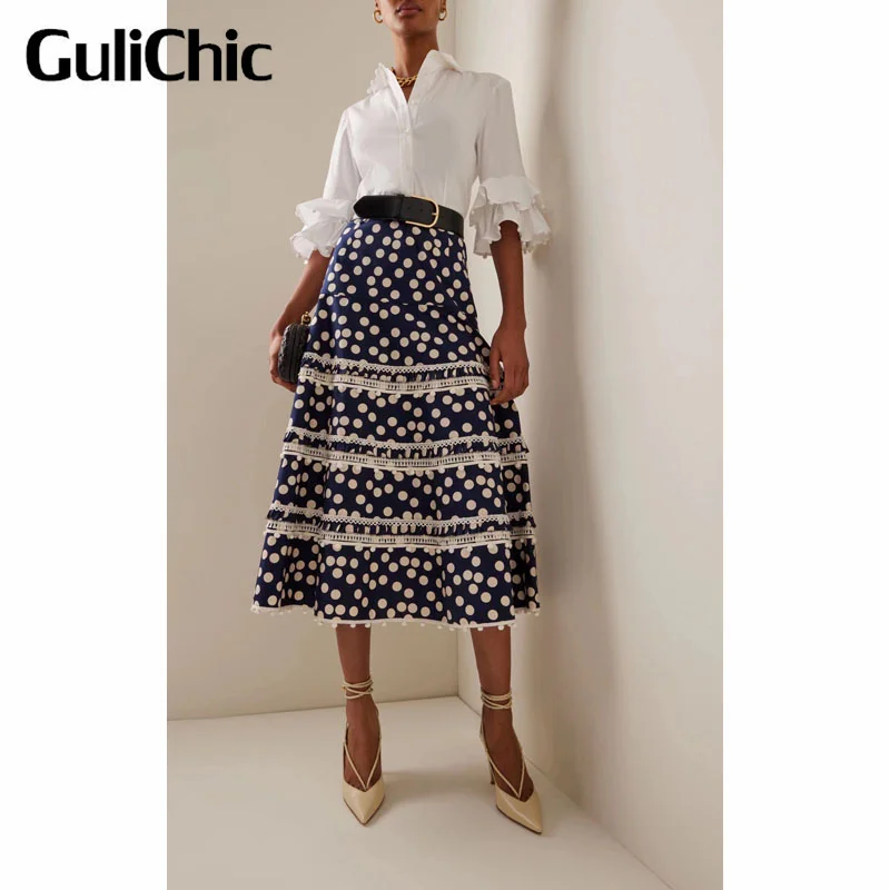 

6.1 GuliChic Women Elegant Temperament Lapel Collar Flare Half Sleeve Shirt Or Polka Dot Print Tierred Ruffles Tassel Skirt Set