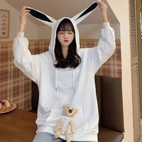 bunny ears cotton hooded pullover cute bear hoodies harajuku women winter fall 2021 loose mid length oversize long sleeve jumper
