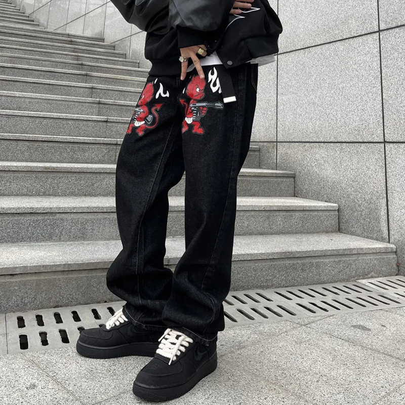 Y2K Emo Men Women Harajuku Cartoon Straight Alt Denim Washed Grunge Trousers Ripped Jeans Baggy Jean Pants Streetwear Clothes