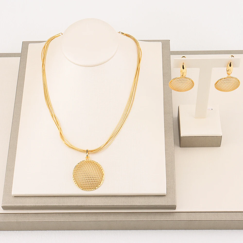 

Nigerian Costume Jewelry Sets for Women Circle Piercings Earrings Double Studs Gold Color Necklace Wedding Party Bride Gift