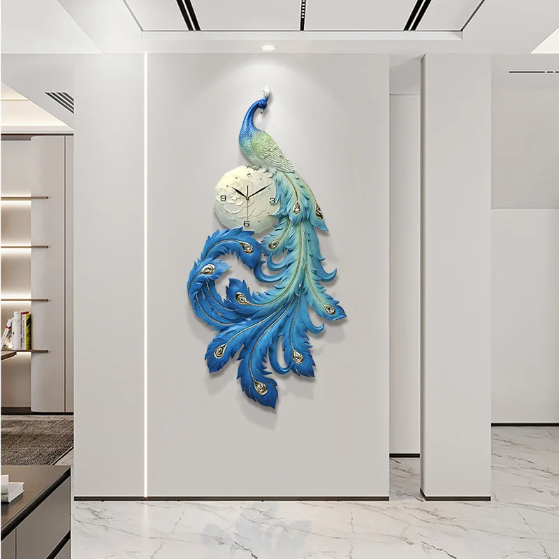 

Living Room Peacock Wall Clock Large Blue Hanging Wall Ornament Sofa Background Wall Watches Home Decoration Birthday Gift