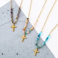 cross necklace vintage boho 14k gold plated stainless steel necklace for women rice bead necklaces trendy female jewelry 2022