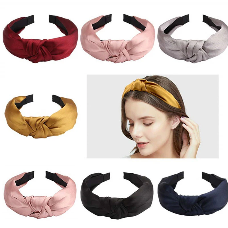 

Female Stylish Wide Side Hair Hoop Solid Color Satin Knotted Headband For Women Girls Simple All-match Knotted Headband