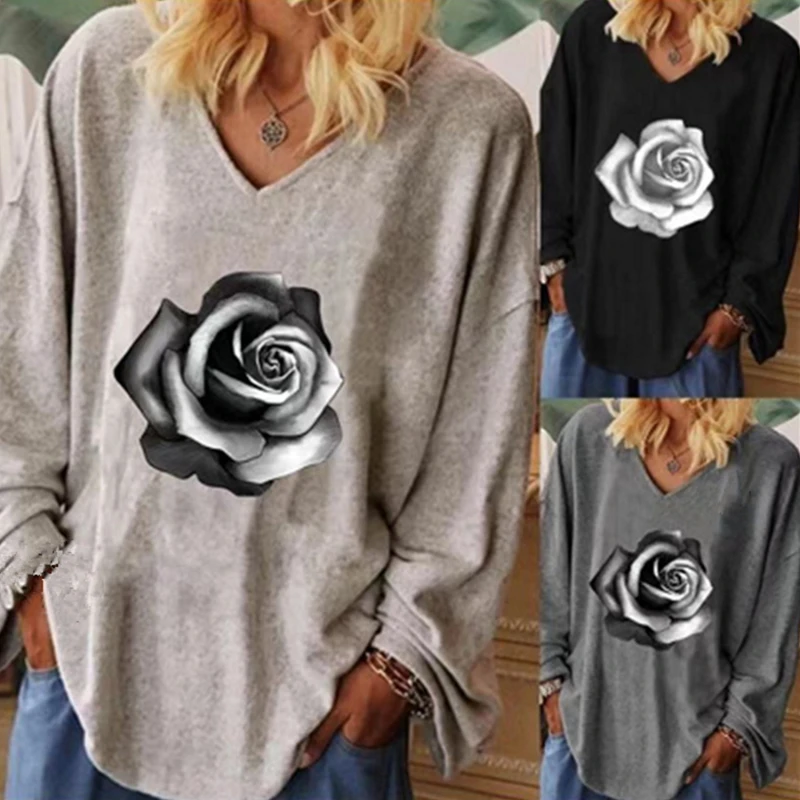 

Women Blouse Rose Pattern Flower Printing 2022 Casual Loose Long Sleeve Shirt Tops V-neck Female Clothing