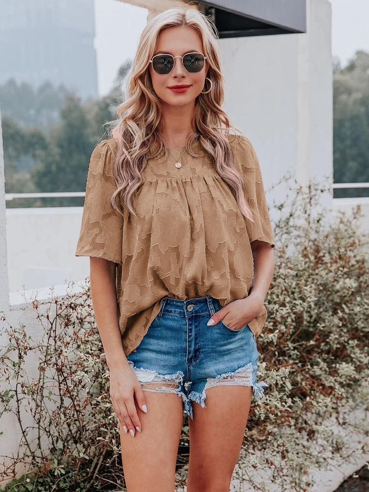 Chiffon Blouse Women New Summer Hollow Out Loose Shirt Tops Casual Short Sleeve Floral Printed Crew Neck Ruched 2022 |
