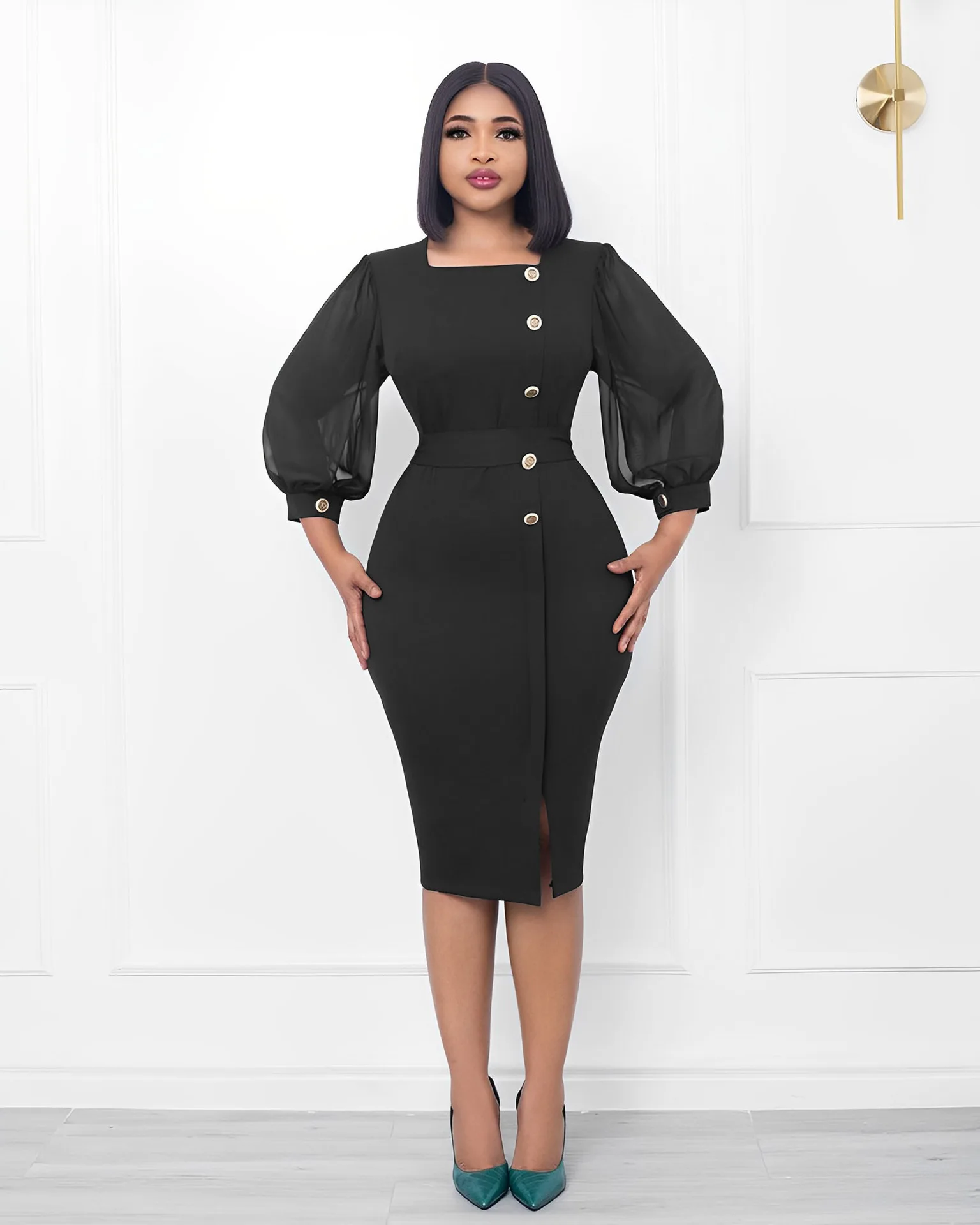 

Spring African Women Three Quarter Lantern Sleeve Square Collar Solid Color Knee-length Dress African Dresses for Women