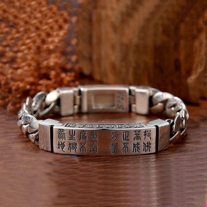 

The New Six-character Mantra Handmade Silver Bracelet Trendy Personality Retro Chain Men's Popular Buckle Jewelry Accessories
