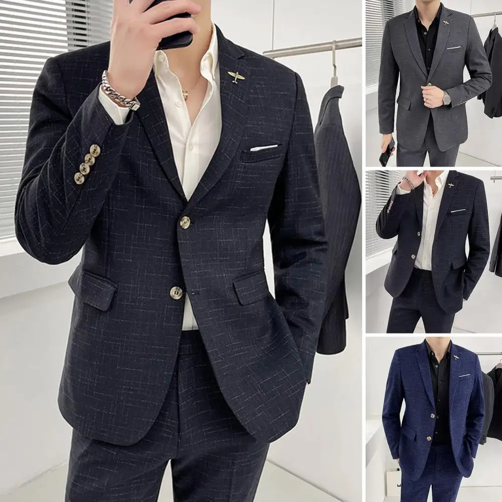 

1 Set Men Blazer Pants Plaid Turndown Collar Long Sleeve Slim Fit Two Buttons Business Groom Suit Men Clothes Set Blazers Coat