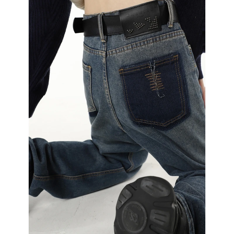 

Vintage Blue High Waist Women Jeans Color Contrast American Fashion Streetwear Wide Leg Jean Female Trouser Baggy Denim Pants
