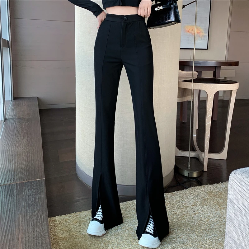 

Women Clothes Black High Waist Pants Spring Fall Casual Office Lady Front Slit Flared Trousers Sexy Skinny Pant 2022 Pantalones