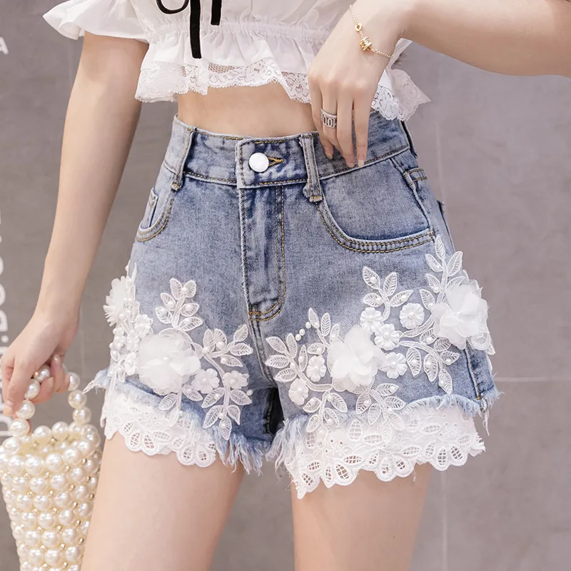 Women's 2021 Summer New High-waist Loose-fitting Wide-leg Sweet Light Blue Shorts Women Embroidered Flowers Sexy Denim Shorts