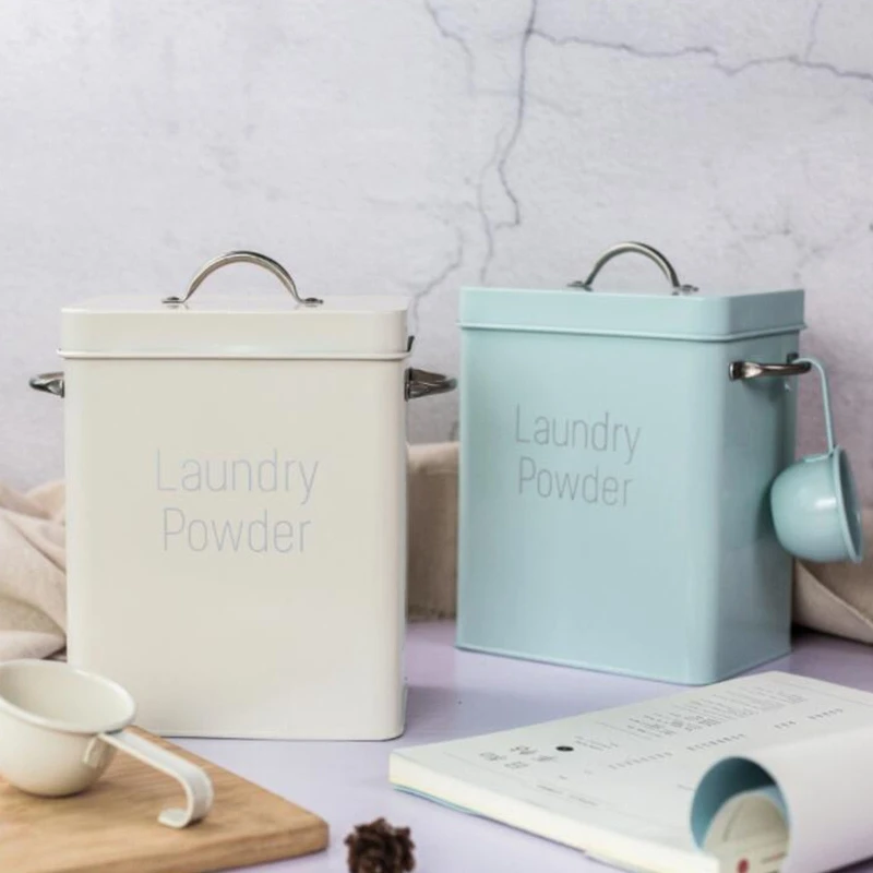 

Metal Laundry Room Container Modern Detergent Powder Storage Organization with Scoop Washing Powder Display Canister Box