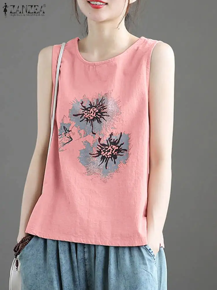 

Коллекция 2023 года, модные майки ZANZEA без рукавов, богемные блузы с цветочным принтом, летняя женская блузка, Повседневная рубашка, элегантная пляжная сорочка