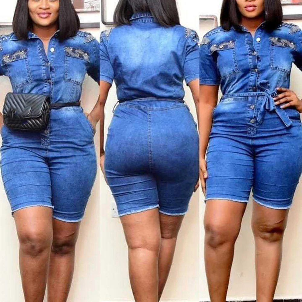 Elegant Jeans Playsuits & Rompers for Women Diamond Short Sleeve Turn Down Collar Single Breasted Fashion African Ladies Overall