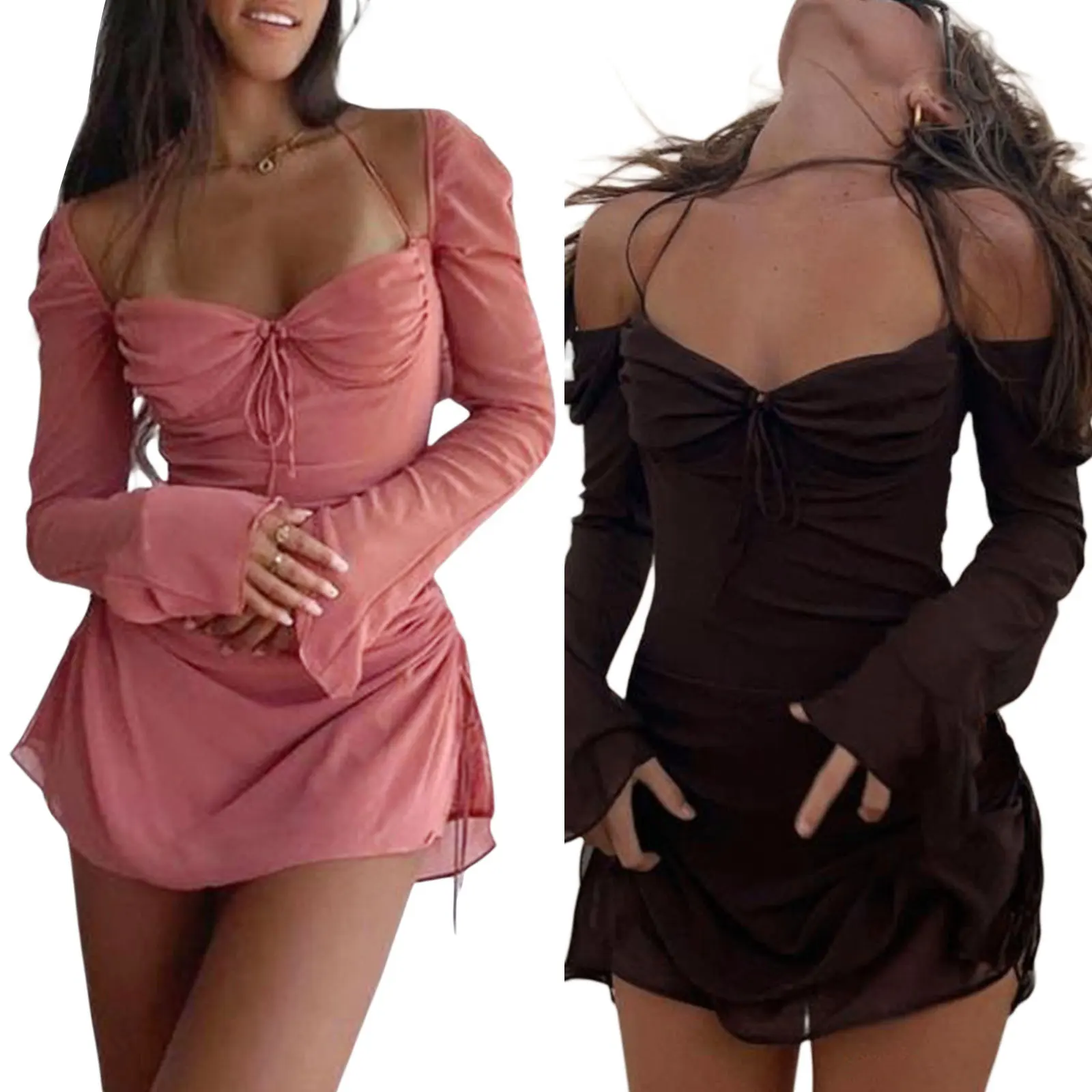 

Women's Sexy Club Party Dress Solid Color Long Sleeve Off-Shoulder Drawstring Pleated Halter Neck Mini Dress Autumn Clothing