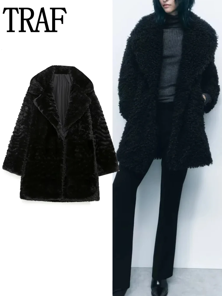 

TRAF Faux Fur Coat Women Winter 2023 Black Jacket Streetwear Long Overcoat Very Warm Winter Woman Coat Button Heavy Jackets