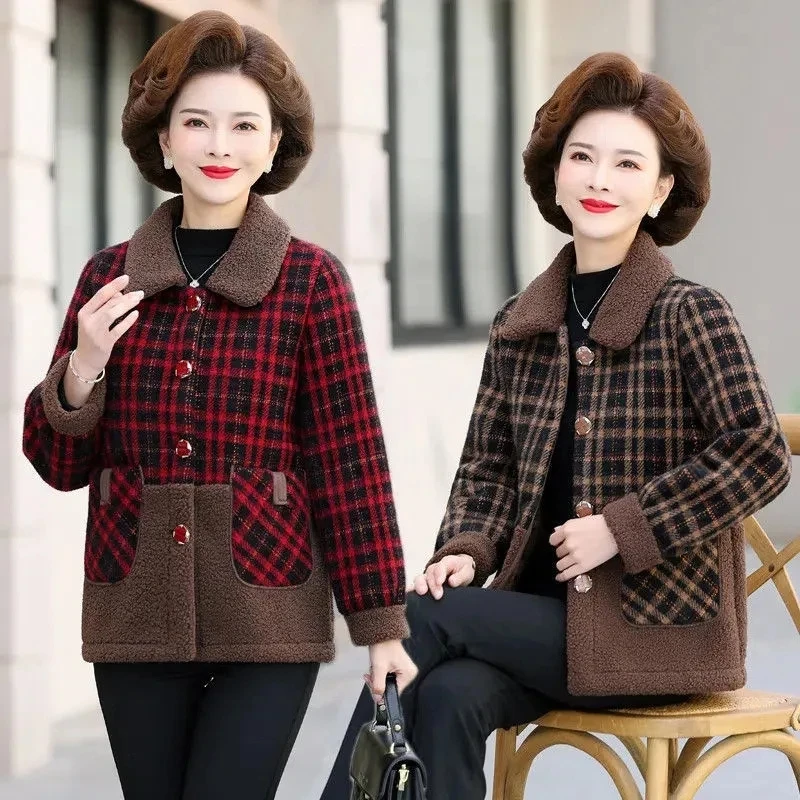 

Autumn Winter Clothes Women Fleece Woolen Coat Short Splicing Lamb Velvet Jacket Middle-aged Mother Cotton-Padded Women Outwear