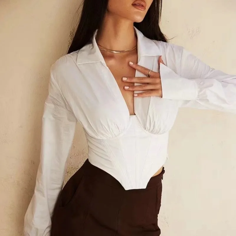 

Women Ruched Shouder and Bust Shirt With Corset Detail Y174