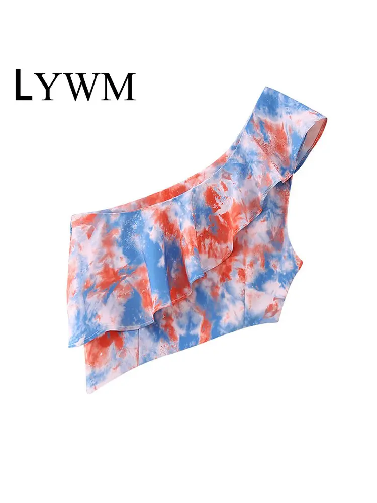 

LYWM женские модные майки с принтом и оборками, винтажные женские шикарные безрукавки с открытыми плечами и боковой молнией