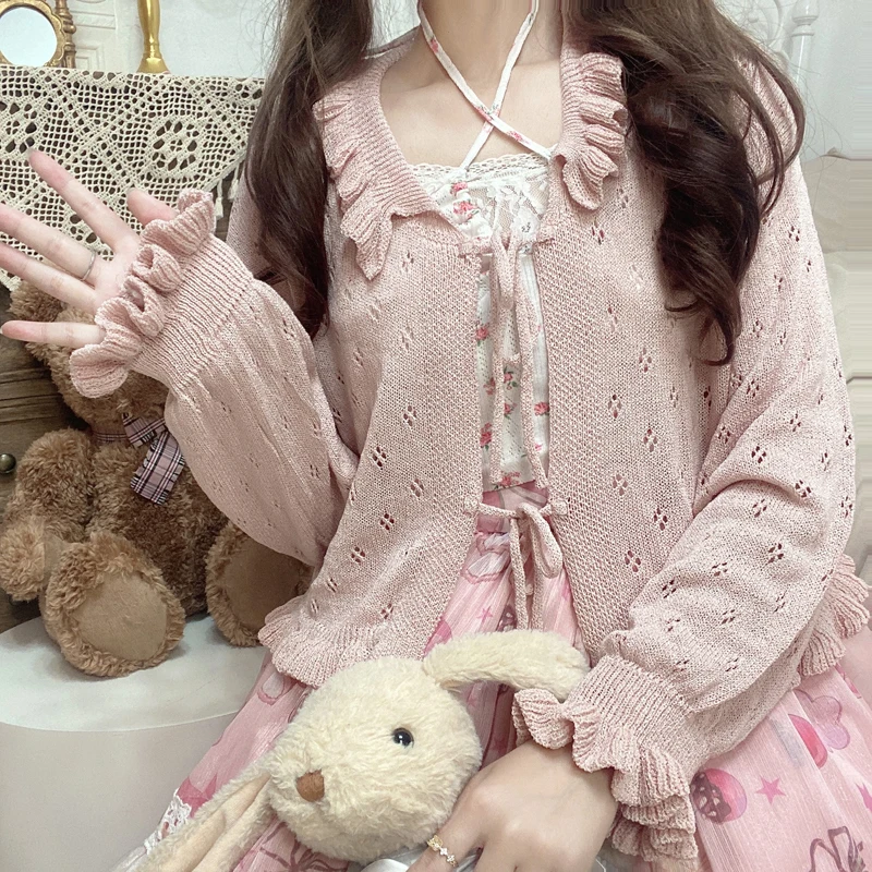 2022 Autumn Soft Girl Ruffled Kawaii Sweater Cardigan Japanese Victorian Princess Baby Doll Knitted Lolita Top For Woman Clothes
