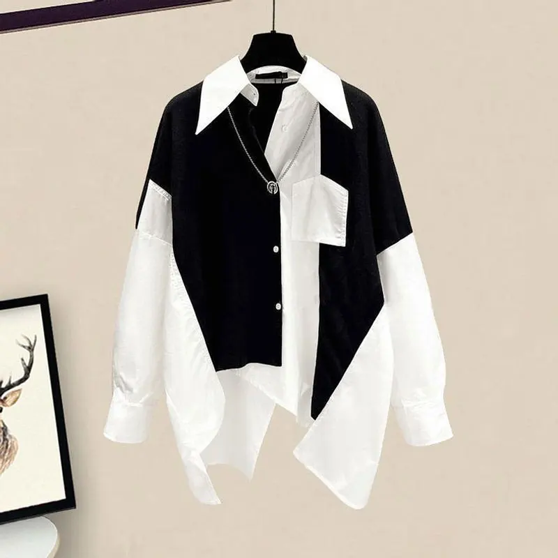 Женская одежда полосатая рубашка с карманами на весну и осень корейская мода