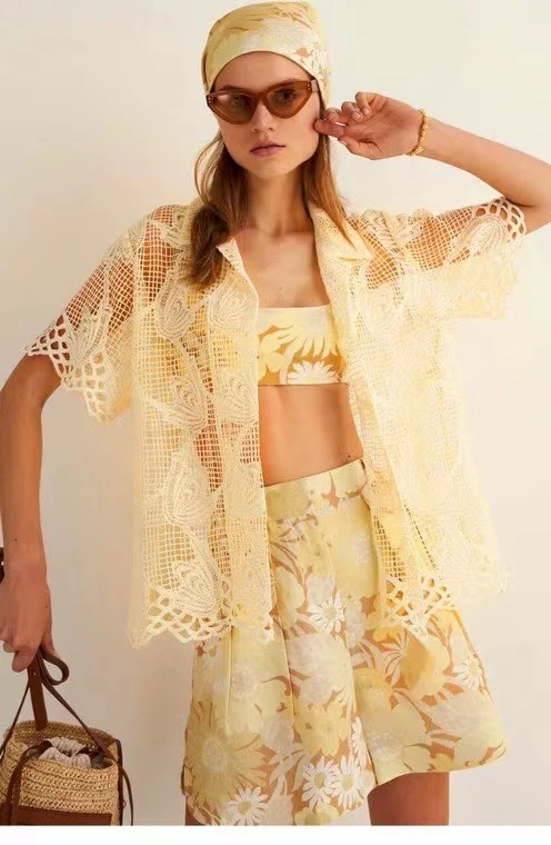 

Блузка женская с отложным воротником, ажурная однобортная модная Простая рубашка с коротким рукавом, 2 цвета, лето 2022