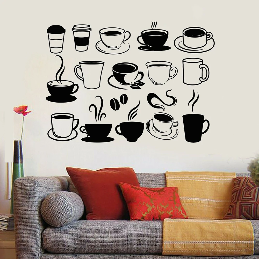 Виниловая настенная наклейка, кофейные чашки, коллекция кофейных зерен, настенные наклейки для кафе, украшение для кафе, настенная Съемная художественная наклейка для обоев A472