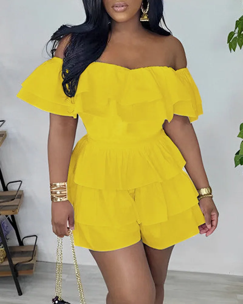 

Off Shoulder Layered Ruffles Romper Women Strapless High Waist Solid Color Summer Spring Playsuits Rompers Shorts Pants