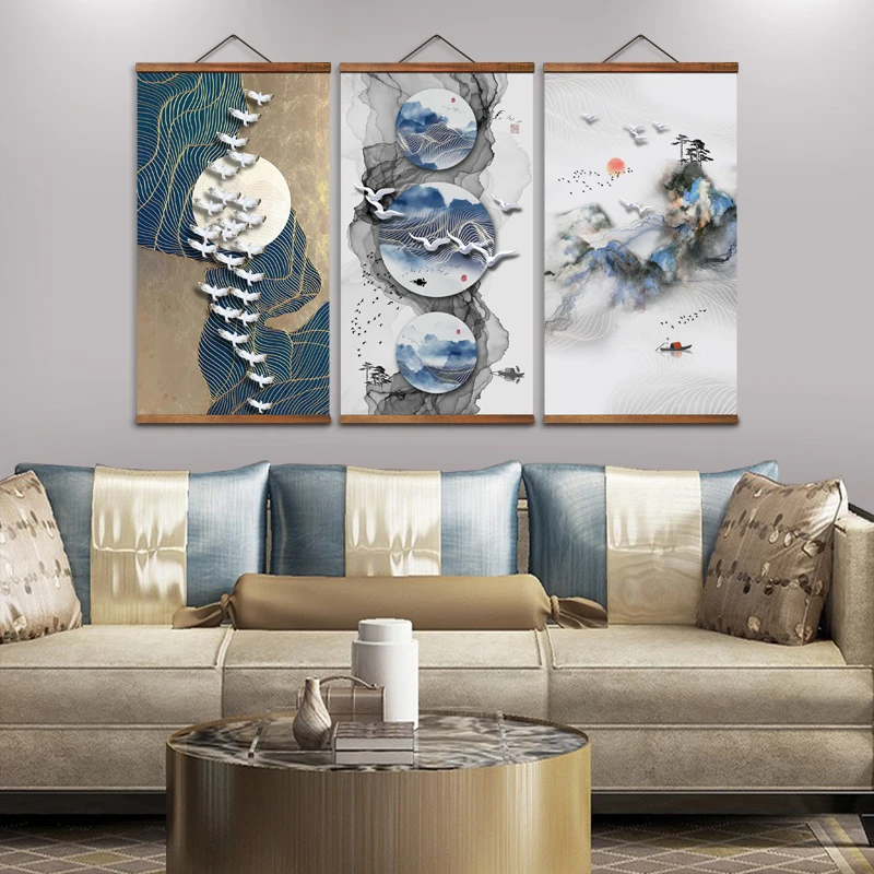

AS3058 Chinese Style Sunrise Bird Boat Landscape Room Wall Art Canvas Posters Chinese Solid Wood Scroll Paintings