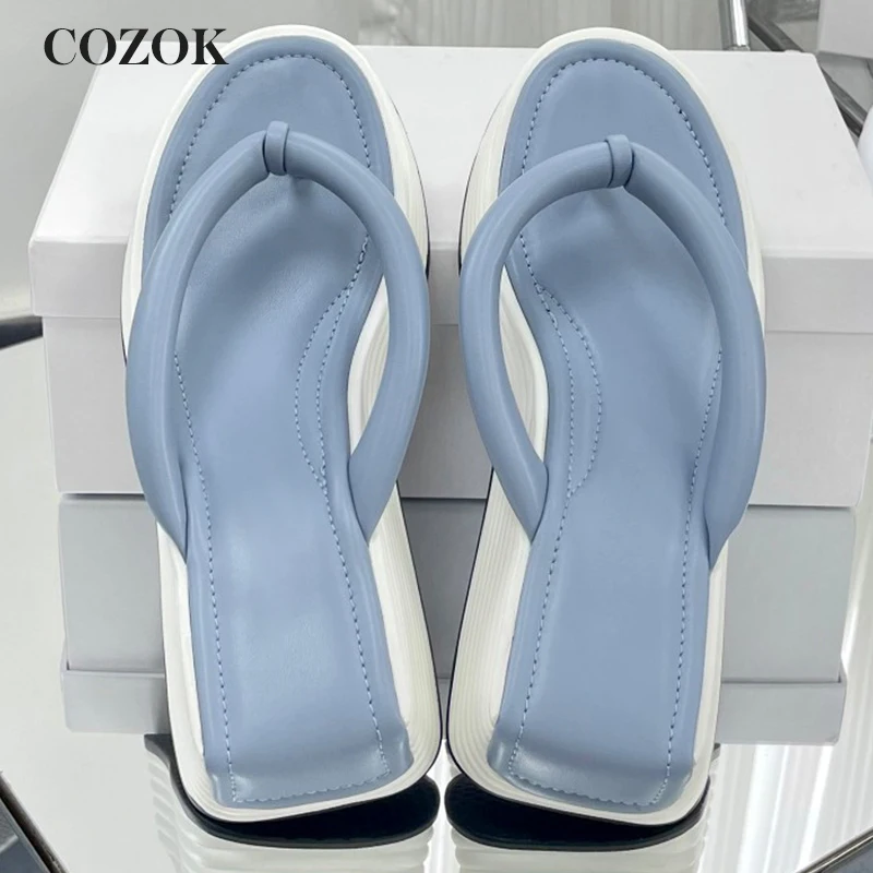 

2022 Summer New Clip Toe Wedges Women's Slippers Genuine Leather Mixed Colors Thick Sole Beach Leisure Bread Flip Flops