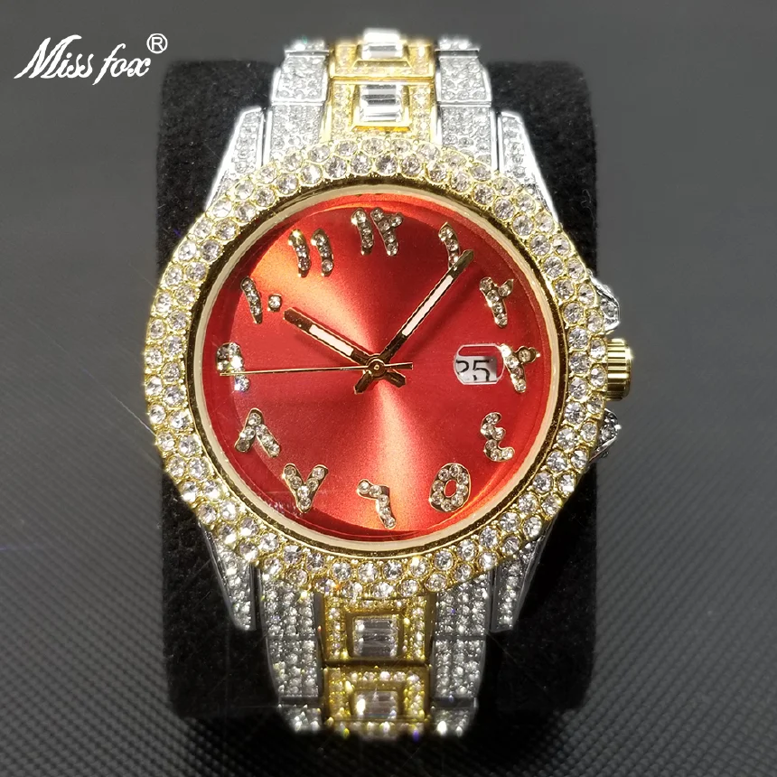 

MISSFOX Ice Out Watches For Men Luxury Diamond Bracelet Qaurtz Wristwatch Hip Hop Luminous Waterproof Red Dial Reloj Hombre 2022