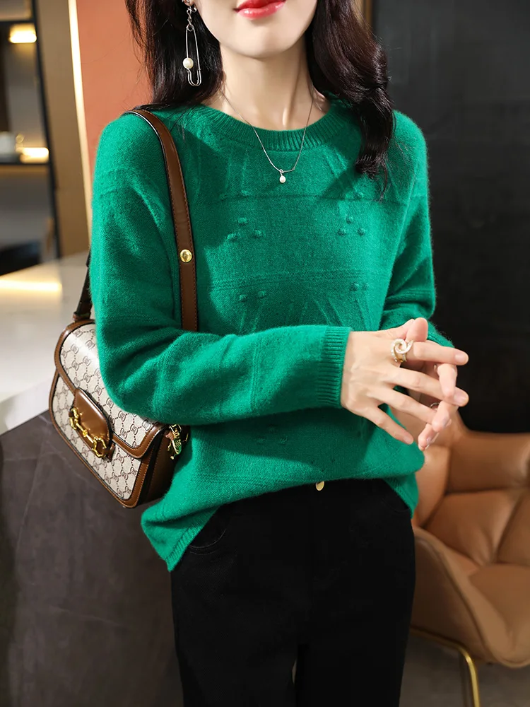 Женский шерстяной свитер Свободный вязаный пуловер с круглым вырезом из 100