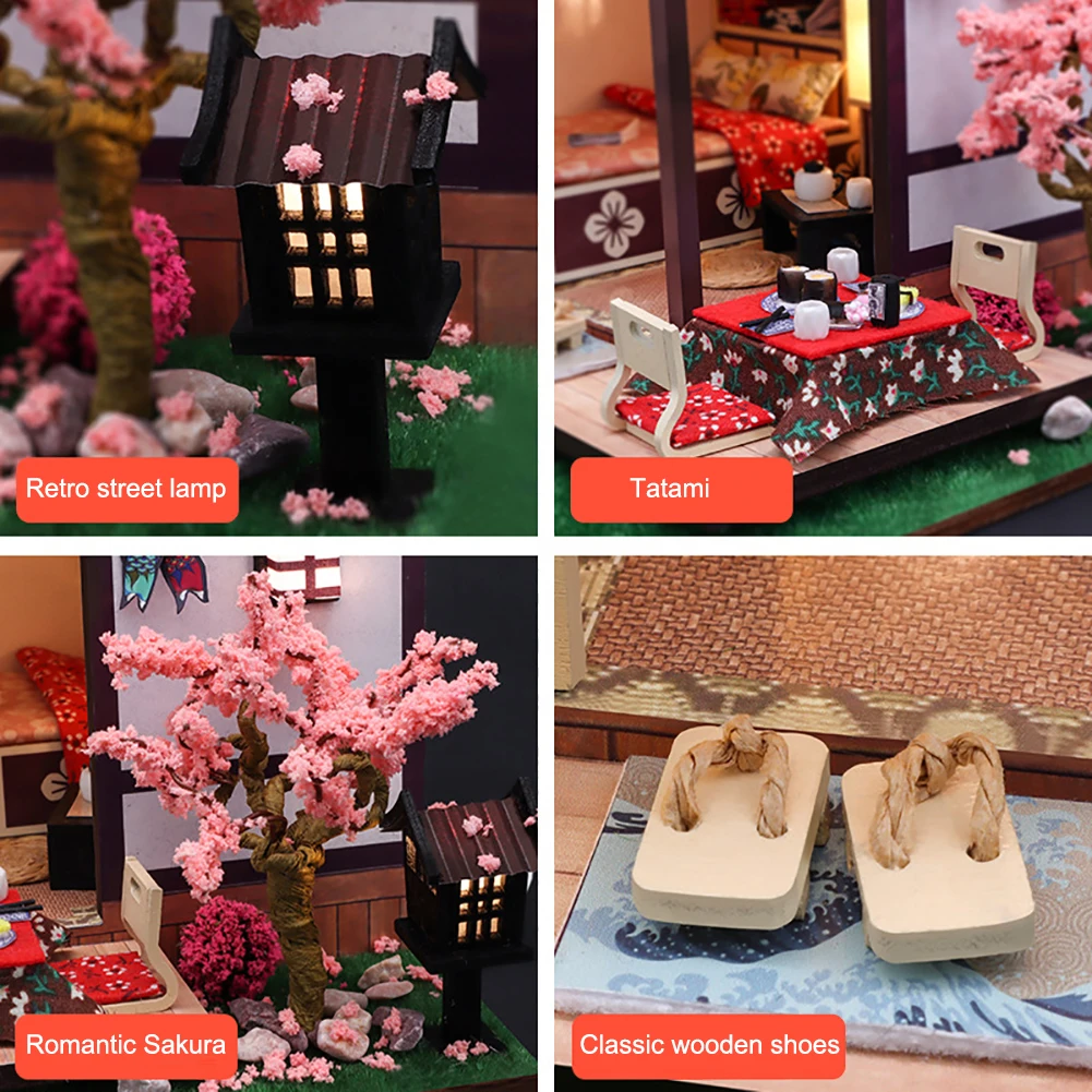 BZDA DIY Wooden Dollhouse Japanese Sushi Restaurant Sakura Assembled Miniature With Furniture Doll House Puzzle Toy For Children | Игрушки и