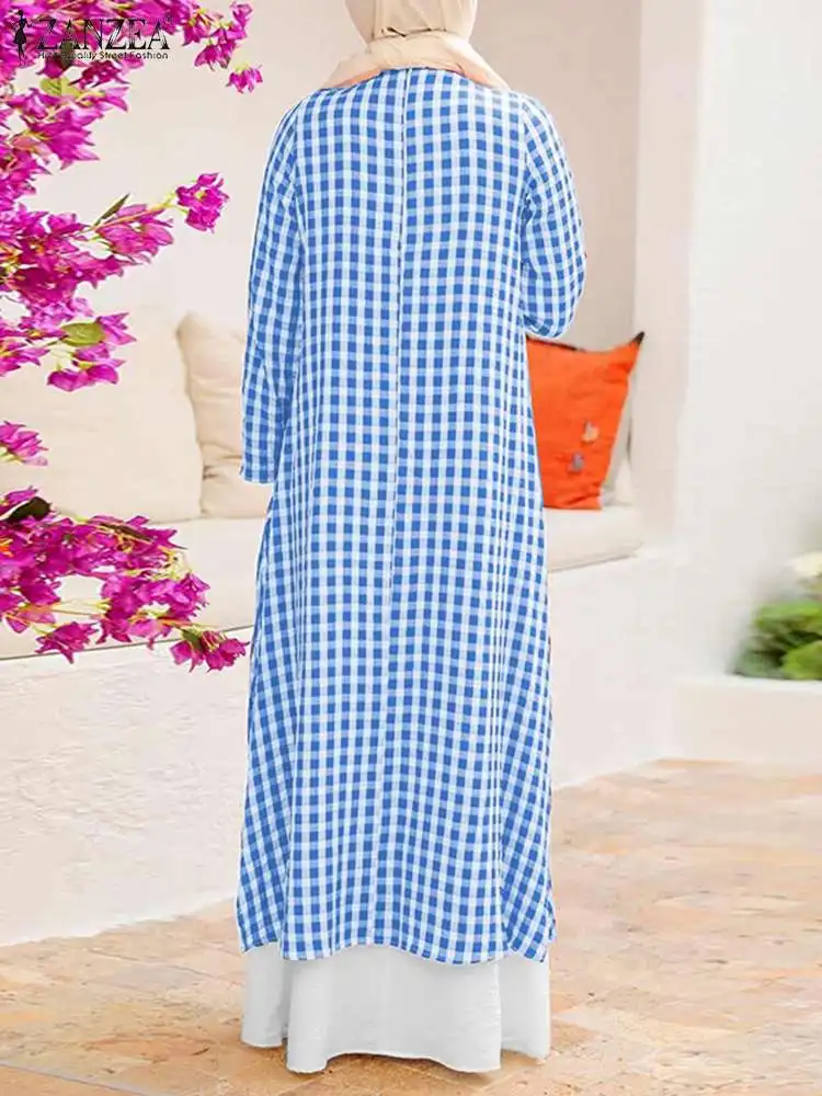 ZANZEA Women Loose Muslim Sets 2PCS Grid Printed O-Neck Evening Gown Islamic Blouse Elastic Pockets Abayas Caftan Turkey Pant
